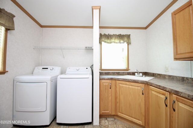 2 Brookside Way, Freehold, NJ 07728 - laundry area with ornamental molding, washer and clothes dryer, and cabinet space