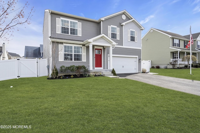 traditional home with a gate, driveway, fence, an attached garage, and a front yard