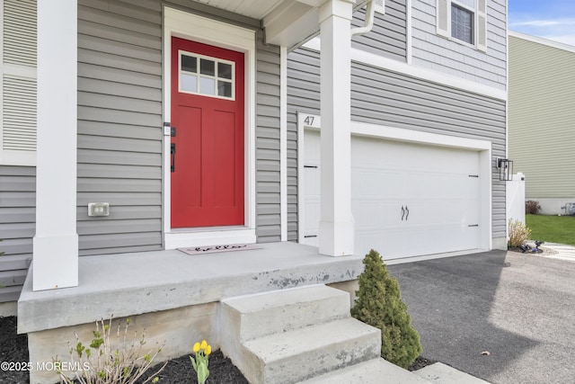 property entrance featuring driveway and a garage
