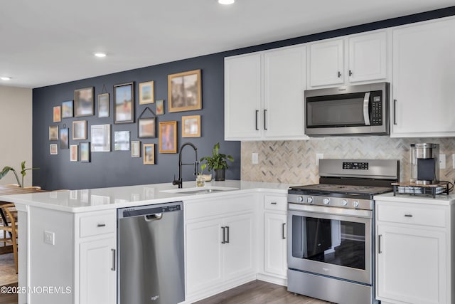 kitchen with a peninsula, stainless steel appliances, light countertops, and a sink