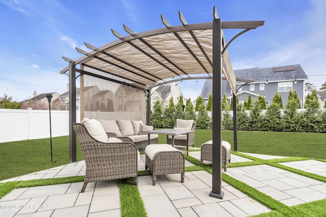 view of patio featuring fence, a pergola, and an outdoor hangout area