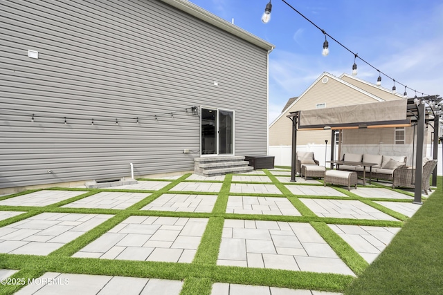 rear view of house featuring outdoor lounge area, fence, a pergola, entry steps, and a patio
