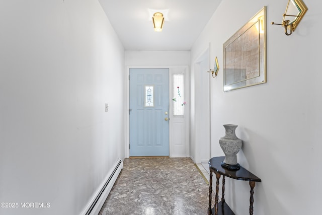 doorway featuring baseboard heating