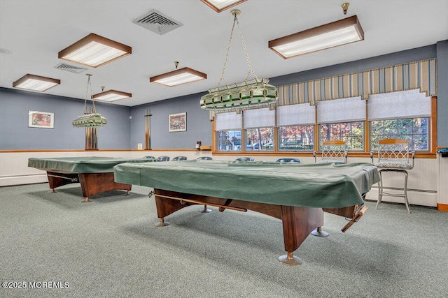 1396 Gleniffer Hill Rd, Toms River, NJ 08755 - playroom with a baseboard radiator, billiards, visible vents, and carpet