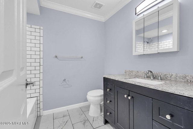 1396 Gleniffer Hill Rd, Toms River, NJ 08755 - full bath featuring vanity, marble finish floor, toilet, ornamental molding, and visible vents