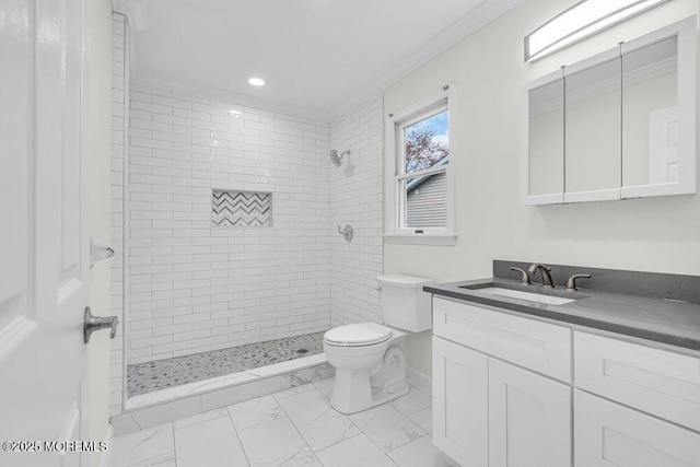 1396 Gleniffer Hill Rd, Toms River, NJ 08755 - bathroom featuring tiled shower, vanity, marble finish floor, toilet, and recessed lighting