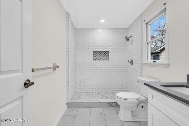 1396 Gleniffer Hill Rd, Toms River, NJ 08755 - bathroom featuring a shower stall, marble finish floor, ornamental molding, and toilet