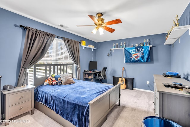 bedroom with light colored carpet, baseboards, a ceiling fan, and visible vents
