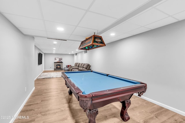 recreation room with a paneled ceiling, recessed lighting, wood finished floors, baseboards, and billiards