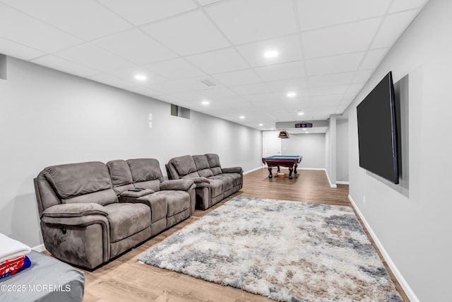 living room with wood finished floors, baseboards, billiards, and recessed lighting