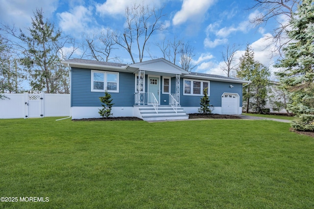single story home with an attached garage, fence, a front lawn, a gate, and driveway