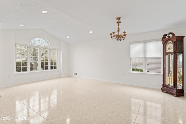 spare room featuring baseboards, an inviting chandelier, recessed lighting, light tile patterned floors, and lofted ceiling
