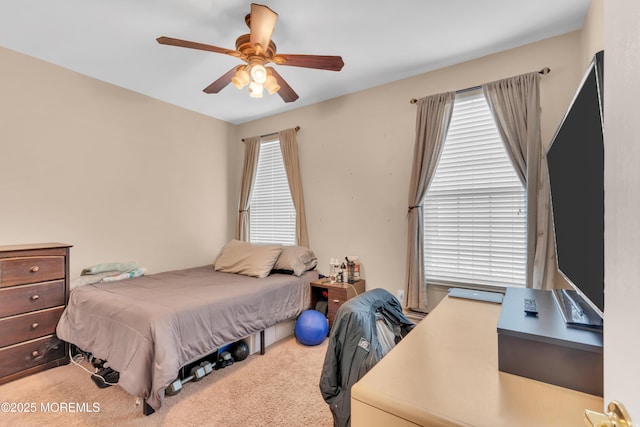 carpeted bedroom with a ceiling fan and multiple windows