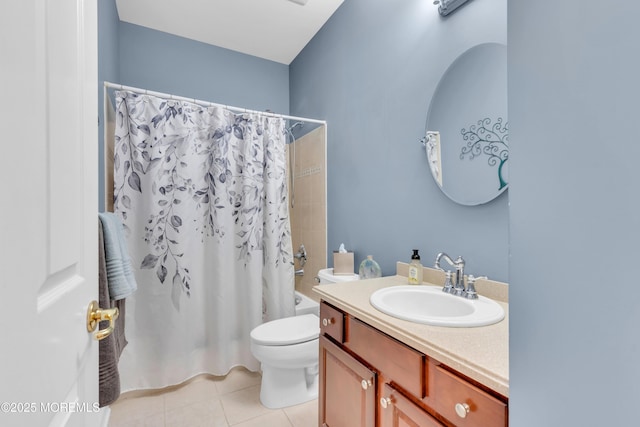 full bathroom featuring toilet, vanity, tile patterned flooring, and shower / tub combo with curtain
