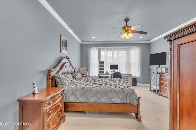 bedroom with baseboards, recessed lighting, light colored carpet, and crown molding