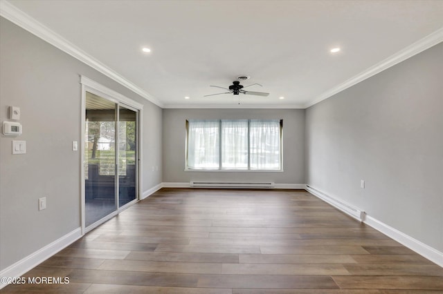 empty room with dark wood finished floors, ceiling fan, recessed lighting, and baseboard heating