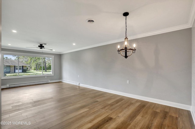 empty room featuring wood finished floors, a baseboard heating unit, baseboards, and visible vents