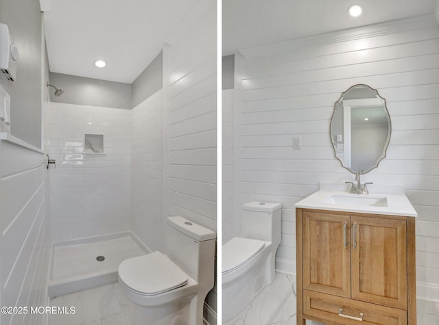 full bathroom with tiled shower, vanity, recessed lighting, toilet, and marble finish floor