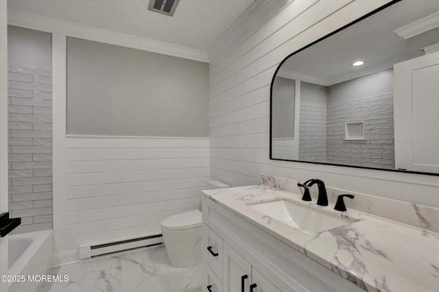 bathroom with vanity, crown molding, toilet, a baseboard radiator, and marble finish floor