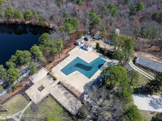 bird's eye view with a water view