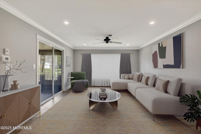 living area with crown molding, recessed lighting, and a ceiling fan