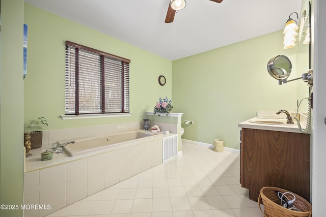 full bath featuring tile patterned floors, a bath, vanity, ceiling fan, and toilet