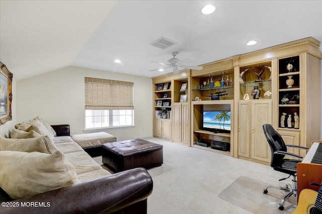 carpeted office featuring recessed lighting, visible vents, ceiling fan, and lofted ceiling