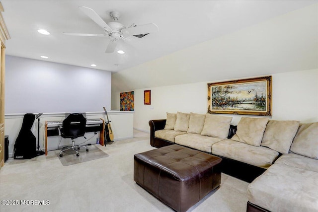 office featuring carpet flooring, a ceiling fan, vaulted ceiling, and recessed lighting