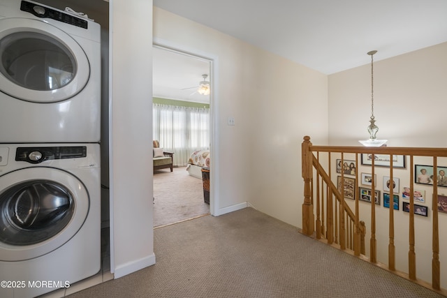 33 Blue Heron Ln, Bayville, NJ 08721 - laundry room featuring stacked washing machine and dryer, carpet flooring, and a ceiling fan