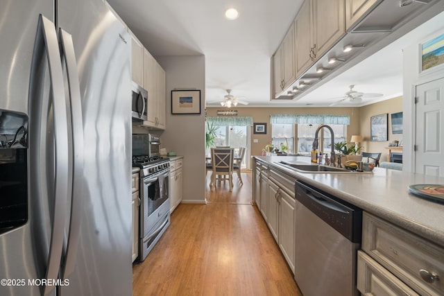 33 Blue Heron Ln, Bayville, NJ 08721 - kitchen featuring appliances with stainless steel finishes, ceiling fan, light wood-style flooring, light countertops, and recessed lighting