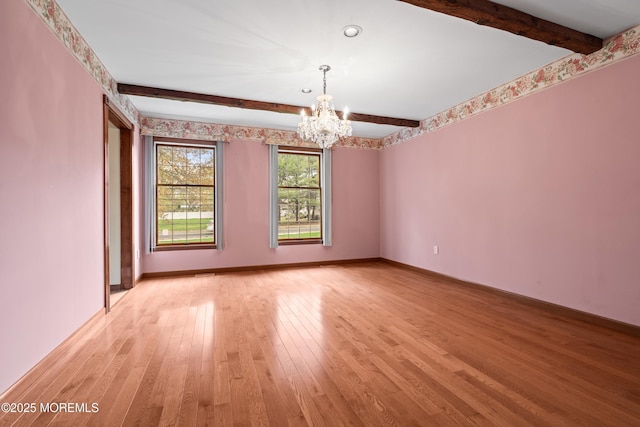 36 New Monmouth Rd, Middletown, NJ 07748 - unfurnished room featuring a chandelier, beam ceiling, light wood-style flooring, baseboards, and recessed lighting
