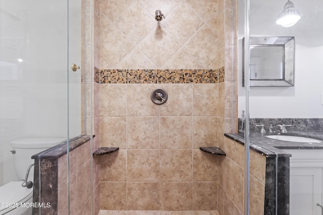 bathroom featuring toilet, a shower stall, and vanity