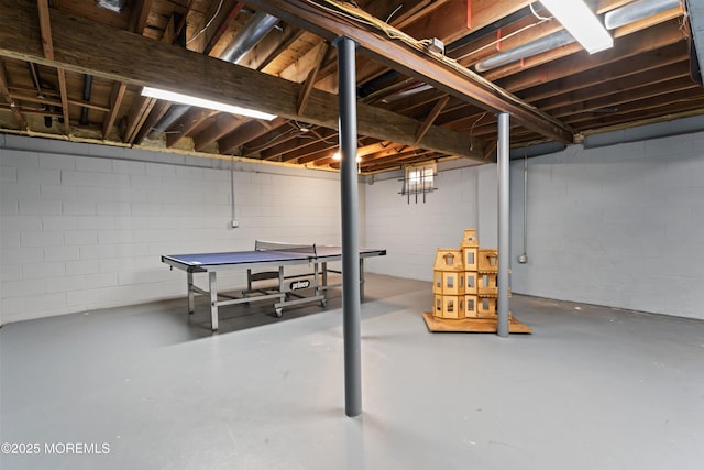 unfinished basement featuring concrete block wall