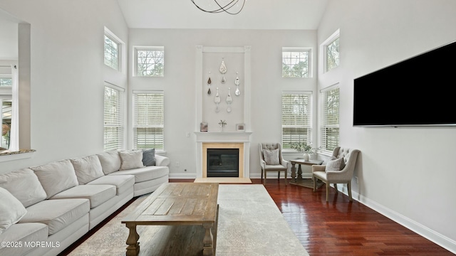 101 Erin Dr, Jackson, NJ 08527 - living room featuring plenty of natural light, high vaulted ceiling, and dark wood-style floors