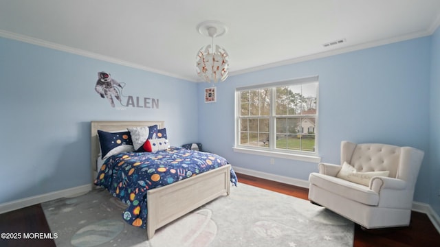 101 Erin Dr, Jackson, NJ 08527 - bedroom featuring wood finished floors, a chandelier, baseboards, ornamental molding, and visible vents