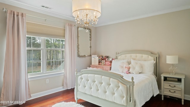 101 Erin Dr, Jackson, NJ 08527 - bedroom featuring wood finished floors, a chandelier, baseboards, ornamental molding, and visible vents