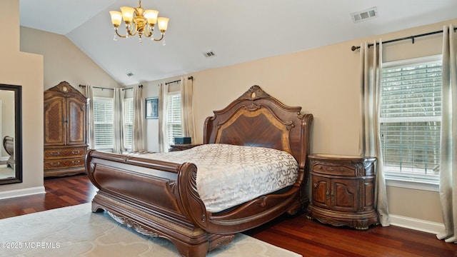 101 Erin Dr, Jackson, NJ 08527 - bedroom with vaulted ceiling, baseboards, visible vents, a chandelier, and wood finished floors