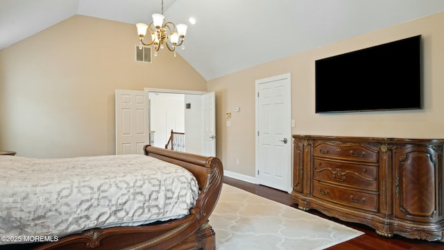 101 Erin Dr, Jackson, NJ 08527 - bedroom with lofted ceiling, visible vents, dark wood-type flooring, baseboards, and a notable chandelier