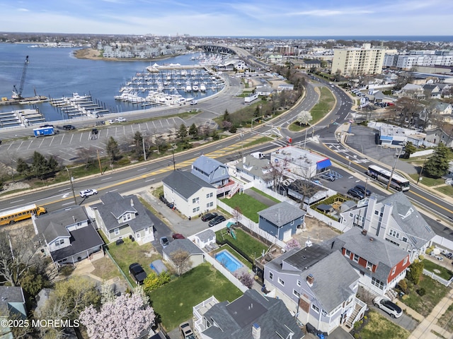 drone / aerial view with a water view