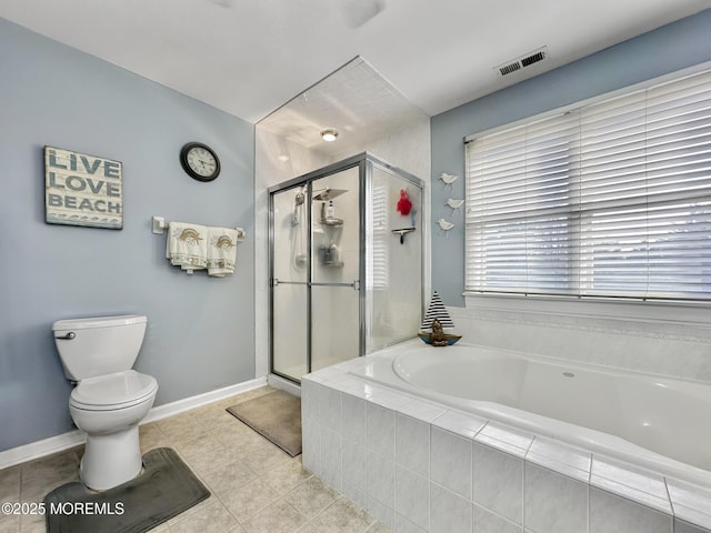 full bath with a bath, visible vents, toilet, and a shower stall