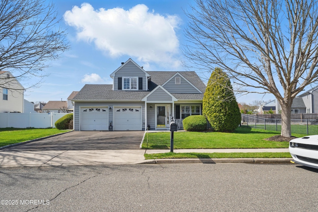 view of front of house featuring a front yard, an attached garage, aphalt driveway, fence, and roof with shingles