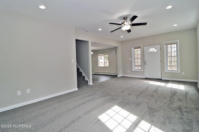 950 Bay Ave, Toms River, NJ 08753 - foyer with a baseboard heating unit, recessed lighting, carpet flooring, a ceiling fan, and stairs