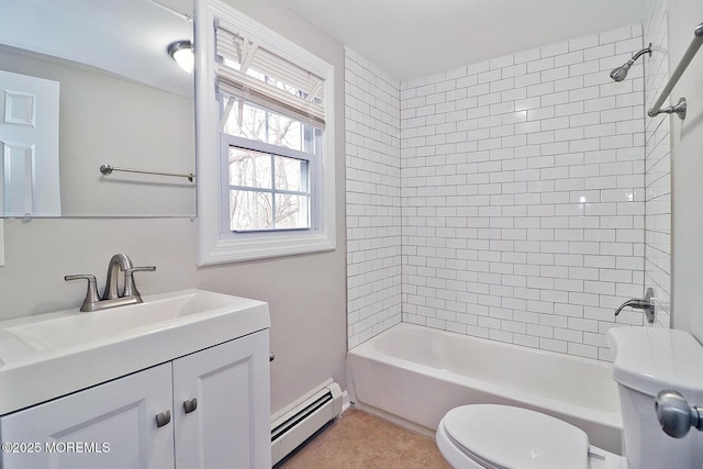 950 Bay Ave, Toms River, NJ 08753 - full bath featuring vanity, tile patterned flooring, toilet, shower / bath combination, and a baseboard heating unit