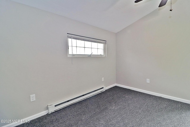 950 Bay Ave, Toms River, NJ 08753 - unfurnished room featuring dark carpet, a ceiling fan, a baseboard heating unit, and vaulted ceiling