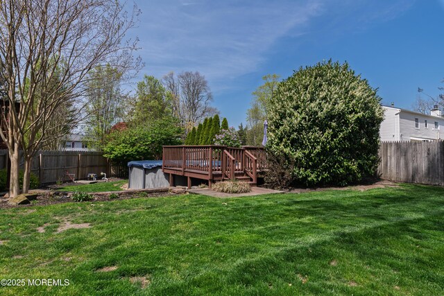 view of yard featuring a fenced backyard and a deck