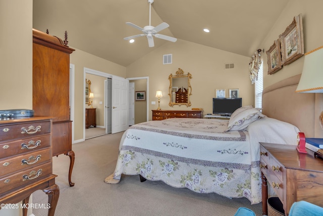 bedroom featuring recessed lighting, a ceiling fan, visible vents, vaulted ceiling, and light colored carpet