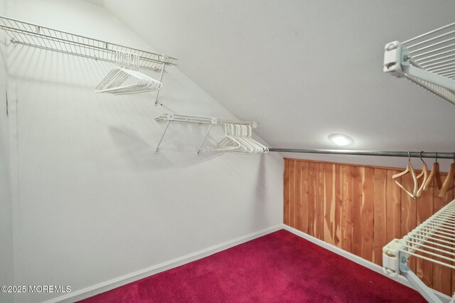 walk in closet with carpet and vaulted ceiling