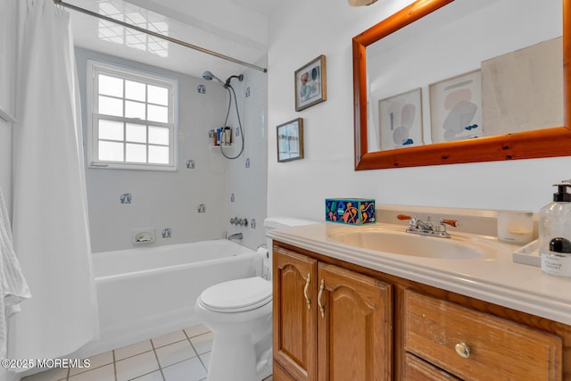 full bathroom with shower / tub combo with curtain, tile patterned floors, vanity, and toilet