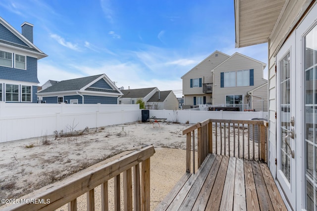 deck with a fenced backyard and a residential view