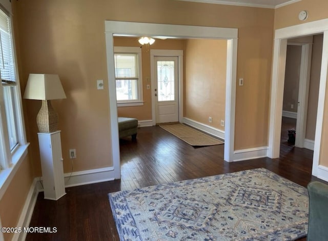 entrance foyer with wood-type flooring, baseboards, and ornamental molding